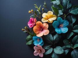 Multicolored Floral Design with Dark Background and Lush LeavesMulticolored Floral Design with Dark Background and Lush Leaves. photo