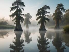 Cypress trees rising from water sources providing unique silhouettes photo