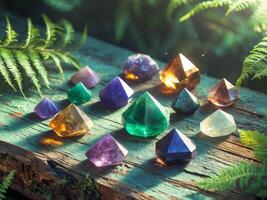 Healing Crystals Displayed on a Rustic Wooden Surface with Green Foliage photo