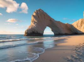 a beach with a large rock arch on the shorea beach with a large rock arch on the shore. photo