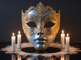 Ornate Venetian mask surrounded by candles on a reflective surface photo