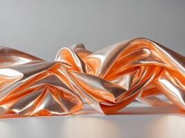 Abstract shiny metallic orange fabric with intricate folds and creases creating a dynamic and fluid appearance of luxury and elegance photo