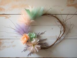 Pastel Flower Wreath on Wooden Background photo