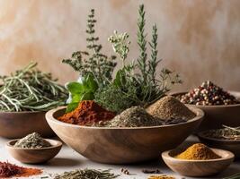 Assorted Dried Herbs and Spices in Wooden Bowls for Culinary and Decorative Use photo