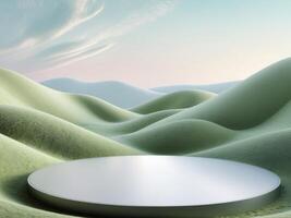 Circular Display Platform Surrounded by Lush Green Hills and Soft Pastel Sky photo