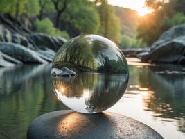 Glass sphere placed on stone by river reflecting surrounding trees and rocks photo