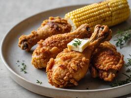 Crispy fried chicken drumsticks served with corn on cob and herbs photo