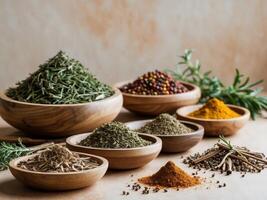 Assorted Dried Herbs and Spices in Wooden Bowls for Culinary and Decorative UseAssorted Dried Herbs and Spices in Wooden Bowls for Culinary and Decorative Use. photo