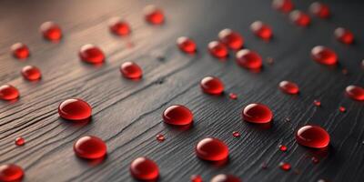 Red liquid droplets on dark wood background photo