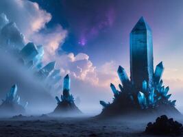 Alien Landscape with Towering Crystals Under a Celestial SkyAlien Landscape with Towering Crystals Under a Celestial Sky. photo