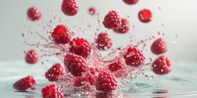 Raspberries splashing in water creating a vibrant sceneRaspberries splashing in water creating a vibrant scene. photo