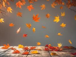 Scene featuring autumn leaves scattering across a rustic wooden table photo