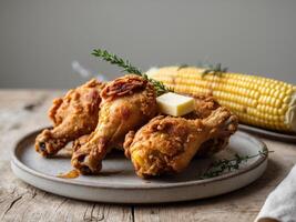Crispy fried chicken drumsticks served with corn on cob and herbsCrispy fried chicken drumsticks served with corn on cob and herbs. photo