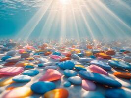 Underwater Scene with Colorful Pebbles and Sunlight Rays photo