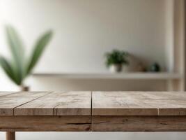 Wooden Table Surface with Blurred Background of Modern Interior Design Space photo