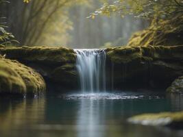 a small waterfall running into a pool of watera small waterfall running into a pool of water. photo