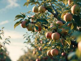 Orchard Filled with Ripe Apples Hanging from Green Branches photo