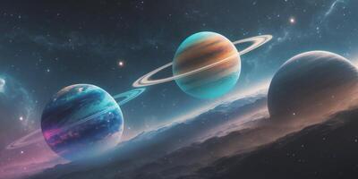 Cosmic Landscape of Three Vibrant Planets in Space Exploration with Dramatic Lighting and Starry Background photo