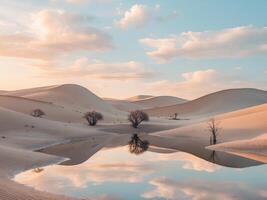 Mesmerizing Desert Dunes at Sunrise with Pastel Sky ReflectionMesmerizing Desert Dunes at Sunrise with Pastel Sky Reflection. photo