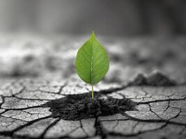 Green Leaf Growing on Dry Cracked Soil Symbolizing Hope and Resilience in Nature photo