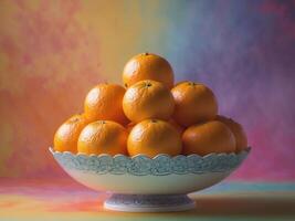 Fresh Oranges in a Decorative Bowl with Vibrant Background ColorsFresh Oranges in a Decorative Bowl with Vibrant Background Colors. photo