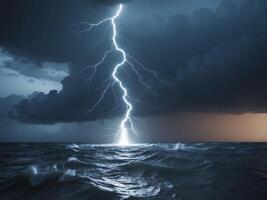 a lightning bolt strikes the ocean and a storm is in the backgrounda lightning bolt strikes the ocean and a storm is in the background. photo