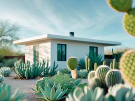 a house with a cactus garden in front of it photo