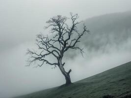 Skeletal Tree Reaching Upward on Mysterious Foggy Hill With Copy Space photo