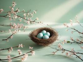 Nest with Three Blue Eggs Surrounded by Blossoming Branches on Mint BackgroundNest with Three Blue Eggs Surrounded by Blossoming Branches on Mint Background. photo