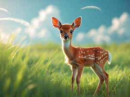Young fawn standing in a sunny meadow surrounded by green grass photo