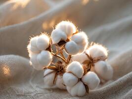 Soft Cotton Bolls Close Up with Warm Light and Natural Textures for Fabric BackgroundSoft Cotton Bolls Close Up with Warm Light and Natural Textures for Fabric Background. photo