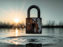 Weathered padlock and peaceful waters under sunsets glow symbolize natural security photo
