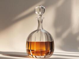 Elegant crystal decanter casting shadows with amber liquid in sunlight photo