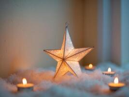 Illuminated Star with Candles in Cozy SettingIlluminated Star with Candles in Cozy Setting. photo