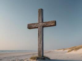 A rustic wooden cross on a deserted beachA rustic wooden cross on a deserted beach. photo