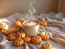Pumpkin spice latte in a mug surrounded by mini pumpkins and warm light photo