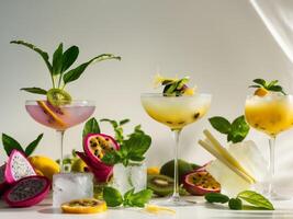 Artisanal drink showcase with exotic fruits and fresh herbs photo