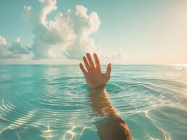 Reaching hand underwater with sunlight filtering through the waves photo