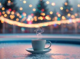Enjoying Warm Coffee on a Sparkling Ice Skating Rink Surrounded by Festive Lights and Holiday Joy photo