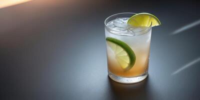 Refreshing Iced Beverage with Lime Garnish on a Dark Surface ready to be served photo