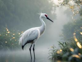 Stunning artwork depicts an elegant white crane standing gracefully amidst tranquil natural surroundings adorned with golden accents photo
