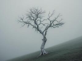 Skeletal Tree Reaching Upward on Mysterious Foggy Hill With Copy SpaceSkeletal Tree Reaching Upward on Mysterious Foggy Hill With Copy Space. photo