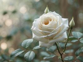 Beautiful Blooming White Rose in Natural Garden Setting with Soft Green Leaves photo