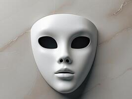 Abstract white mask with hollow eyes and smooth surface on a neutral marble background photo