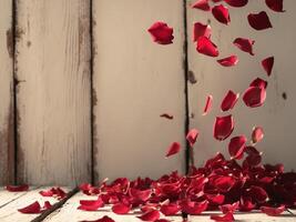 Falling Red Rose Petals on Rustic Wooden Background with Soft Light Effects photo