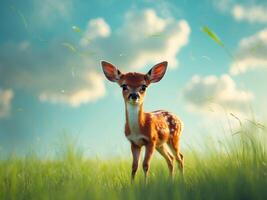 Young fawn standing in a sunny meadow surrounded by green grassYoung fawn standing in a sunny meadow surrounded by green grass. photo