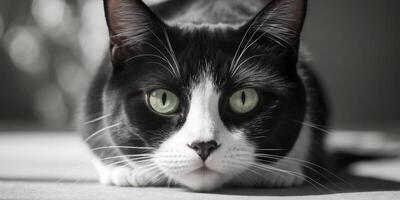 Wide Angle Close Up of a Tuxedo Cat Peering into the Camera at Ground Level photo