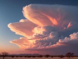 Dynamic clouds rolling across a vast desert landscape during a dramatic sunsetDynamic clouds rolling across a vast desert landscape during a dramatic sunset. photo