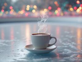 Enjoying Warm Coffee on a Sparkling Ice Skating Rink Surrounded by Festive Lights and Holiday JoyEnjoying Warm Coffee on a Sparkling Ice Skating Rink Surrounded by Festive Lights and Holiday Joy. photo