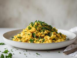 Vegan scramble flavored with chopped parsleyVegan scramble flavored with chopped parsley. photo